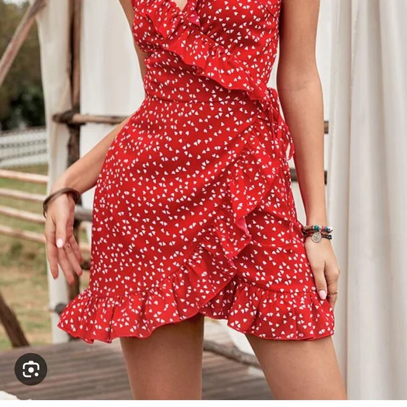 SHEIN | Dresses | Shein Red Ruffled Wrap Sundress | Poshmark